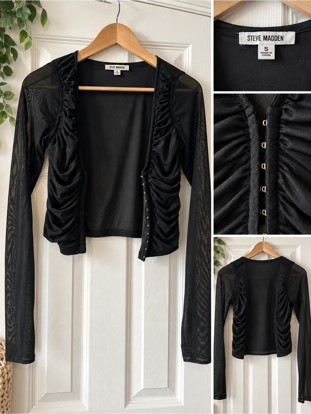 Steve Madden Black Ruched Mesh Long Sleeve Crop Cardigan, size small